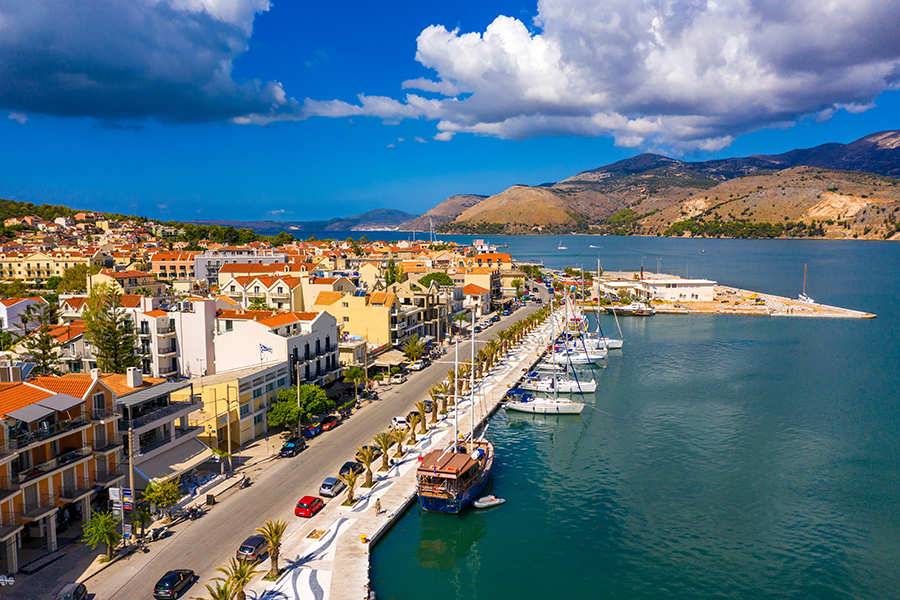 bombina global Aerial drone view of Argostoli (Argostolion), famous city and capital of Cefalonia (Kefalonia) island, Ionian islands, Greece. Argostoli town, former municipality on the island of Kefalonia, Greece.