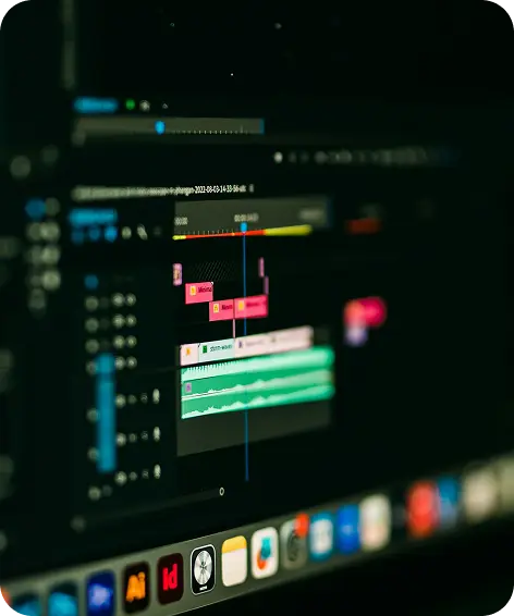 Close-up of a professional video editing timeline with multiple audio and video layers, representing post-production workflows, content creation, and digital storytelling for blogs and media platforms.