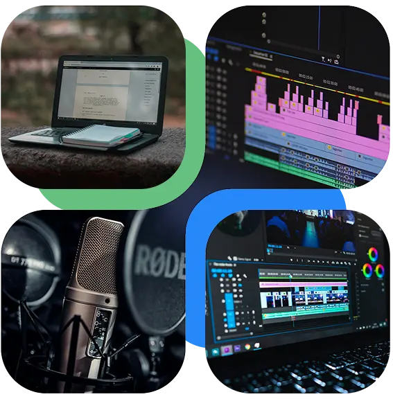 “Content creation and post-production services including writing, dubbing, translation, and video editing in a professional multilingual and multimedia production service.